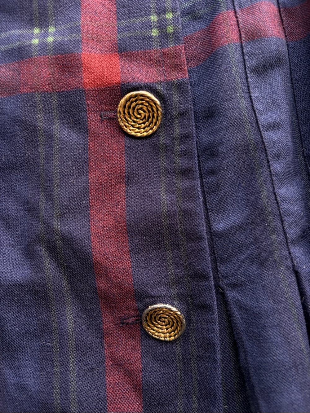 Yves Saint Laurent Navy and Red Plaid Midi Skirt with Gold Buttons - Picture 4 of 6